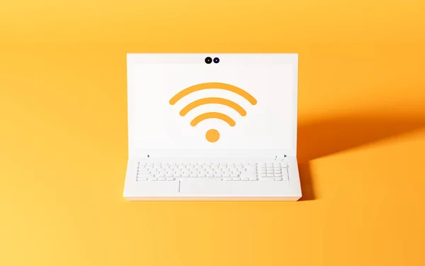 Laptop Mit Wifi Symbol Mit Gelbem Hintergrund Rendering Digitale Computerzeichnung — Stockfoto