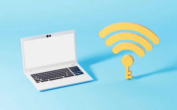 A laptop and wifi logo with yellow background, 3d rendering. Computer digital drawing.