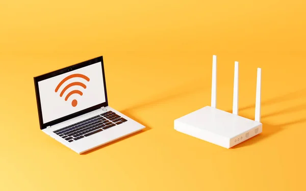 Ein Laptop Und Router Mit Gelbem Rendering Digitale Computerzeichnung — Stockfoto