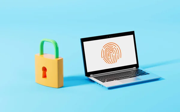 A laptop with fingerprint and a lock with blue background, 3d rendering. Computer digital drawing.