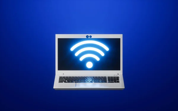 青の背景 3Dレンダリングを持つラップトップとWifiのアイコン コンピュータ デジタル ドローイング — ストック写真