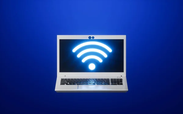 Ein Laptop Und Wifi Symbol Mit Blauem Hintergrund Rendering Digitale — Stockfoto