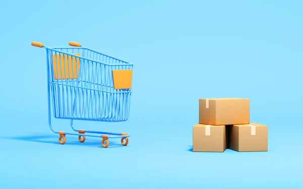 Shopping Cart Boxes Blue Background Rendering Computer Digital Drawing — Stock Photo, Image