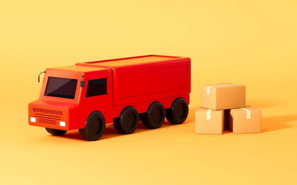 黄色の背景に赤いトラックとボックス 3Dレンダリング コンピュータ デジタル ドローイング — ストック写真