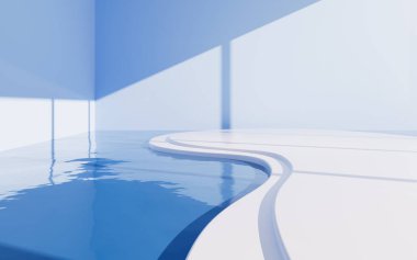 Su yüzeyindeki boş sahne, 3D görüntüleme. Bilgisayar dijital çizimi.