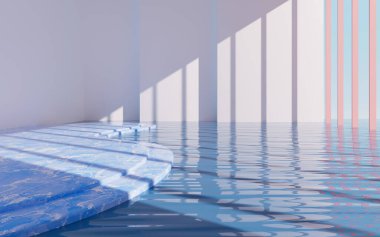 Su odalı mermer kıvrımlı sahne, 3 boyutlu görüntüleme. Bilgisayar dijital çizimi.