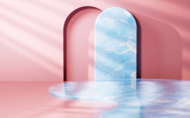 Marble arch and curved stage with light and shadow, 3d rendering. Computer digital drawing.