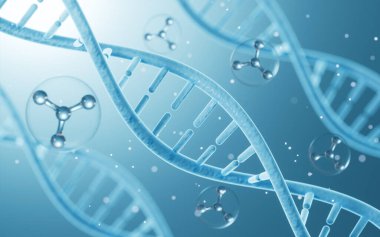 Science Biotechnology DNA chromosome and molecules, 3d rendering. Computer digital drawing.