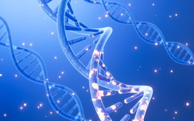 Mutasyona uğramış DNA ve moleküller, bilimsel biyoteknoloji, 3D görüntüleme. Bilgisayar dijital çizimi.