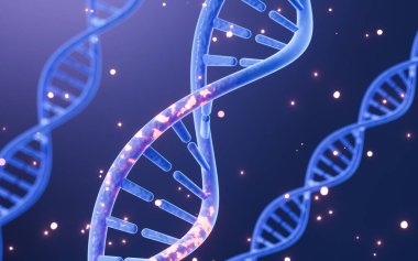 Mutasyona uğramış DNA ve moleküller, bilimsel biyoteknoloji, 3D görüntüleme. Bilgisayar dijital çizimi.