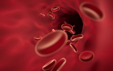 Red blood cells flowing through blood vessels, 3d rendering. Computer digital drawing.