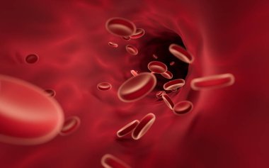 Red blood cells flowing through blood vessels, 3d rendering. Computer digital drawing.