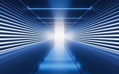 Neon ışıkları ve tünel, 3D görüntüleme. Bilgisayar dijital çizimi.