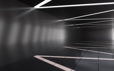 İçinde kıvrımlı ışık ve gölge olan soyut, boş gri oda. Bilgisayar dijital çizimi.