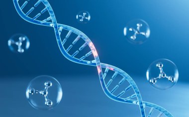 Mutated DNA and molecules, scientific biotechnology, 3d rendering. Computer digital drawing.