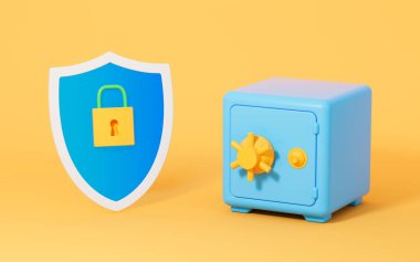 Sarı arka planda 3 boyutlu güvenlik kasası ve kalkan var. Bilgisayar dijital çizimi.