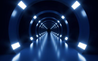 Dairesel neon ışıklar ve tünel, 3D görüntüleme. Bilgisayar dijital çizimi.