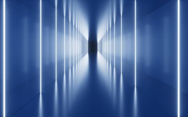 Neon ışıkları ve tünel, 3D görüntüleme. Bilgisayar dijital çizimi.