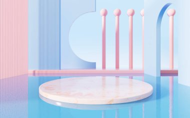 Suda soyut sütunları olan mermer bir sahne, 3D görüntüleme. Bilgisayar dijital çizimi.