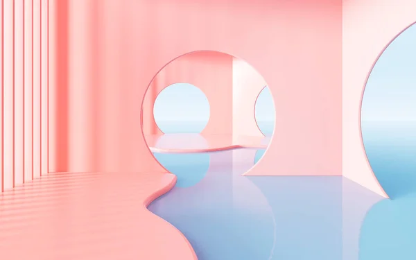 Pink curved architecture with water surface background, 3d rendering. Computer digital drawing.