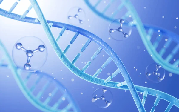 Science Biotechnology DNA chromosome and molecules, 3d rendering. Computer digital drawing.