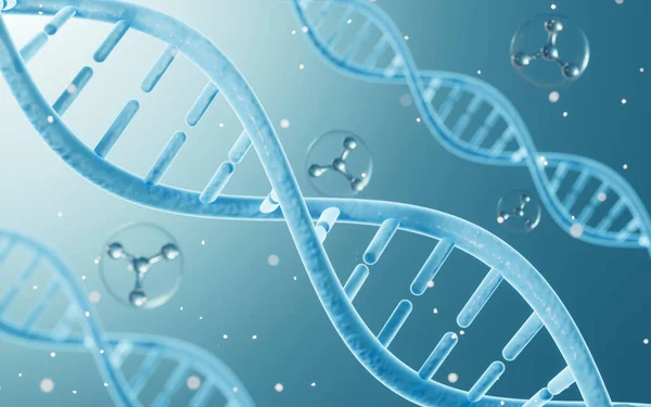 Science Biotechnology DNA chromosome and molecules, 3d rendering. Computer digital drawing.