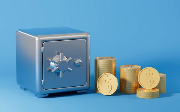Safe box and coins , 3d rendering. Computer digital drawing.