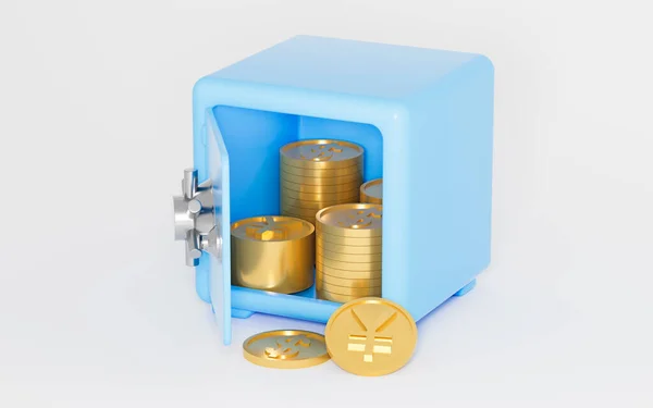 Gold coins in the safe box, 3d rendering. Computer digital drawing.