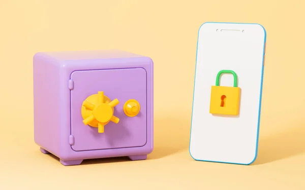 Safe box and mobile phone on the yellow background, 3d rendering. Computer digital drawing.