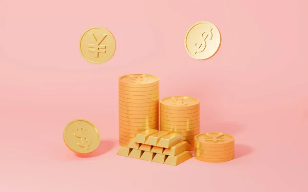 Gold coins and gold bricks on the pink background, 3d rendering. Computer digital drawing.