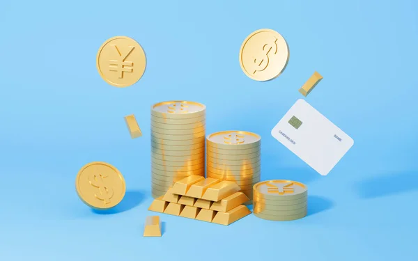 Gold coins and bank card on the blue background, 3d rendering. Computer digital drawing.