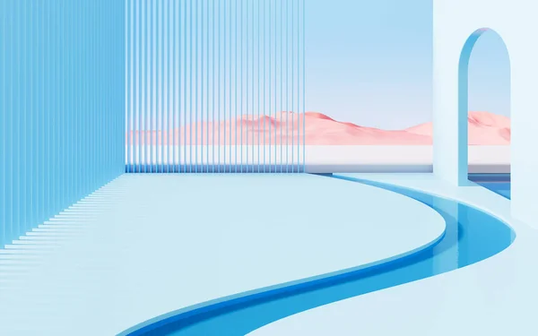 Manzaranın arka planına sahip boş kıvrımlı sahne, üç boyutlu görüntüleme. Bilgisayar dijital çizimi.