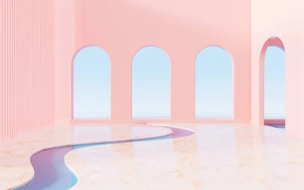 Pink arch and curved construction, 3d rendering. Computer digital drawing.