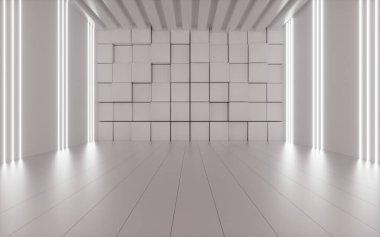 Beyaz odada rastgele sıralanmış küpler ve neon çizgiler, 3D görüntüleme. Bilgisayar dijital çizimi.