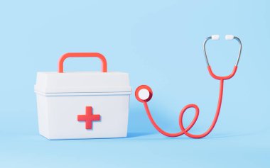 Stethoscope and medicine chest with blue background, 3d rendering. Computer digital drawing.