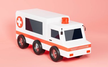 Pembe arka planı olan bir ambulans, 3 boyutlu görüntüleme. Bilgisayar dijital çizimi.