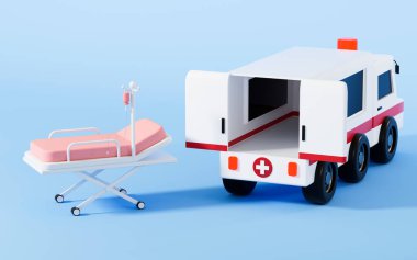 Sedye ve ambulans kapıyı açıyor, 3 boyutlu görüntüleme. Bilgisayar dijital çizimi.
