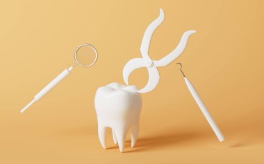 Forseps ve tıbbi aletler sarı arka plandaki dişi onarır, 3 boyutlu görüntüler. Bilgisayar dijital çizimi.