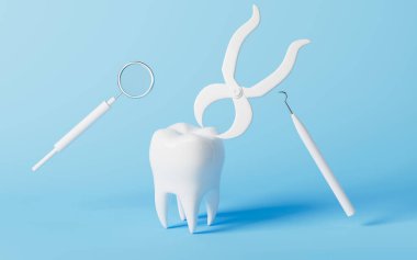 Forseps ve tıbbi aletler mavi arka plandaki dişi onarır, 3D görüntüler. Bilgisayar dijital çizimi.
