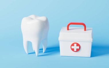 Mavi arka planda diş ve ecza dolabı, üç boyutlu. Bilgisayar dijital çizimi.