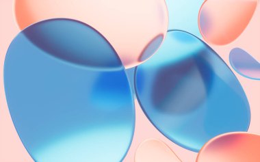 Soyut yuvarlak cam kıvrımları turuncu arka planda kesişiyor, üç boyutlu. Bilgisayar dijital çizimi.