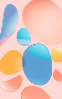 Soyut yuvarlak cam kıvrımları turuncu arka planda kesişiyor, üç boyutlu. Bilgisayar dijital çizimi.