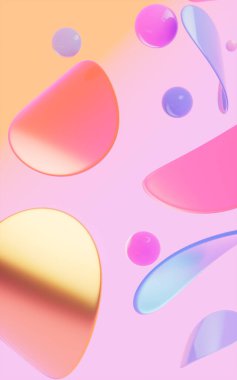 Soyut küreler ve pembe arka planlı cam kıvrımlar, üç boyutlu görüntüleme. Bilgisayar dijital çizimi.