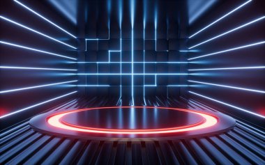 Empty stage and neon lines in the dark room, 3d rendering. Computer digital drawing.