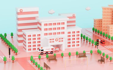 Hospital building and urban roads background, 3d rendering.