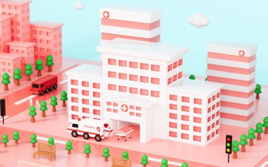 Hospital building and urban roads background, 3d rendering.