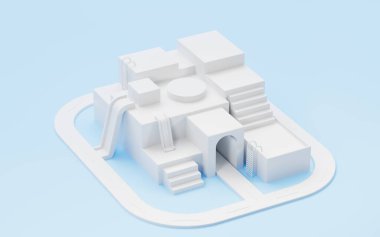 Mavi arka planda beyaz boş sahne, 3D görüntüleme. Bilgisayar dijital çizimi.