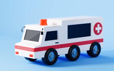 Mavi arka planı olan bir ambulans, 3 boyutlu görüntüleme. Bilgisayar dijital çizimi.