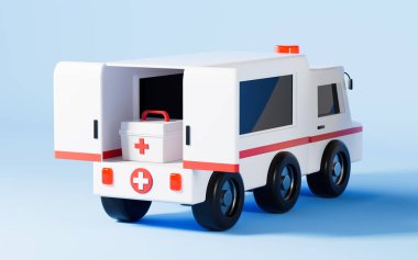 İlk yardım çantası 3 boyutlu ambülansta. Bilgisayar dijital çizimi.