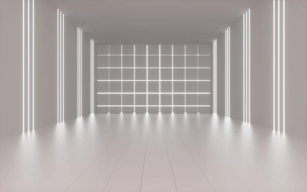 Randomly Arranged Cubes Neon Lines White Room Rendering Computer Digital — Stockfoto